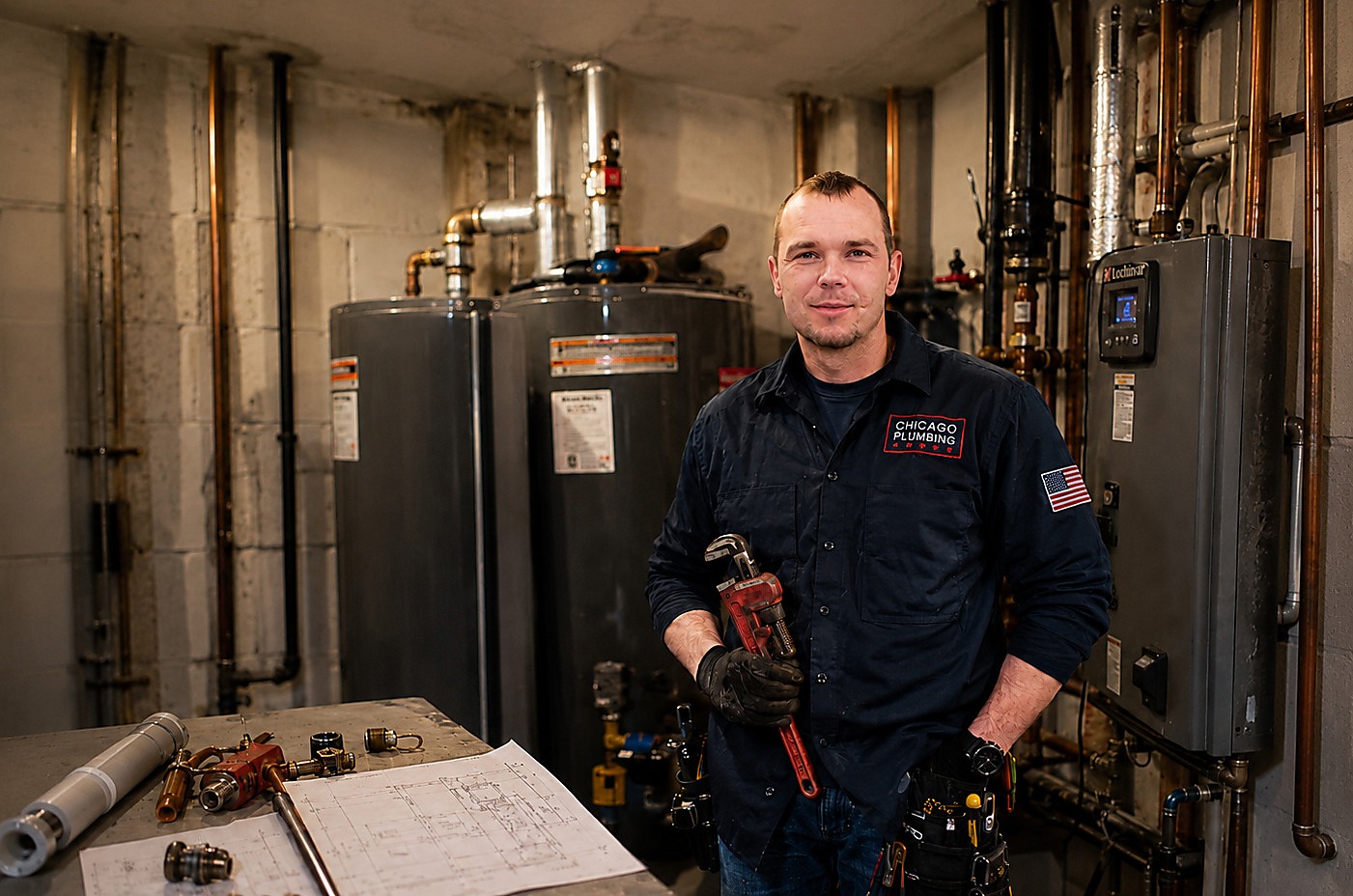 Ivan, an independent plumber, standing in a mechanical room holding a pipe wrench next to water heaters and copper piping