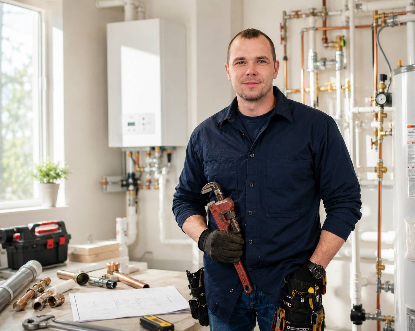 Ivan standing in a mechanical room next to a tankless water heater and copper piping installation