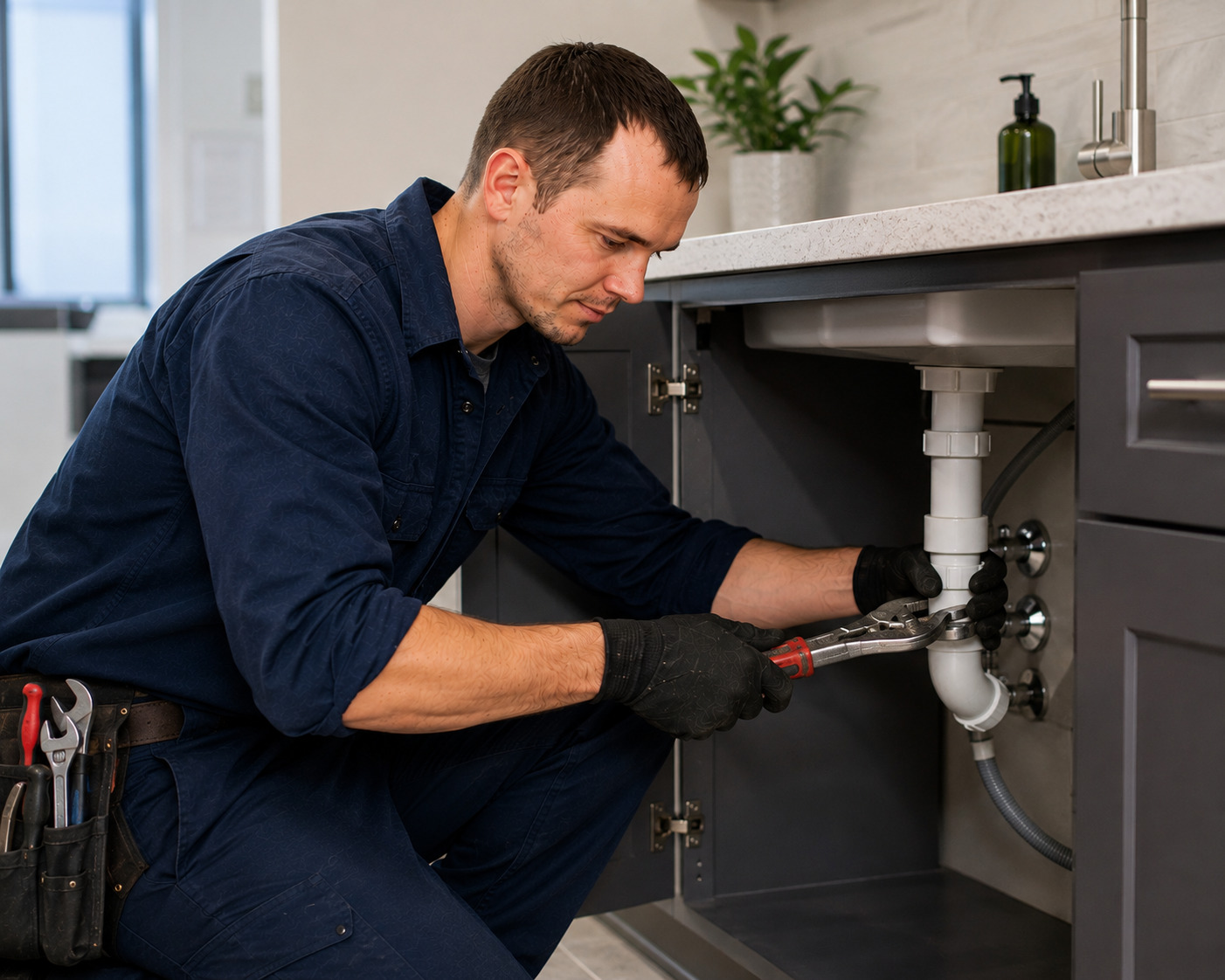 Plumber connecting supply lines under a kitchen sink